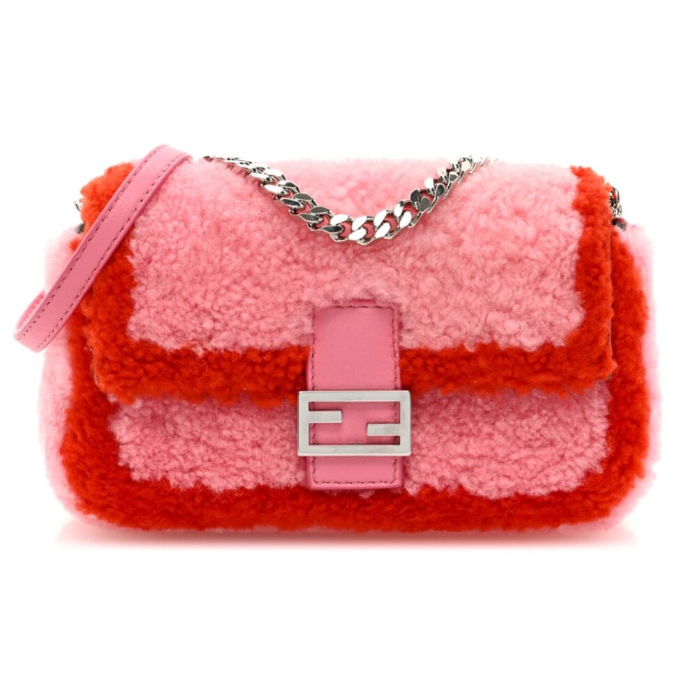 FENDI Baguette NM Bag Zucca Shearling Mini Purse Bubblegum Rosso